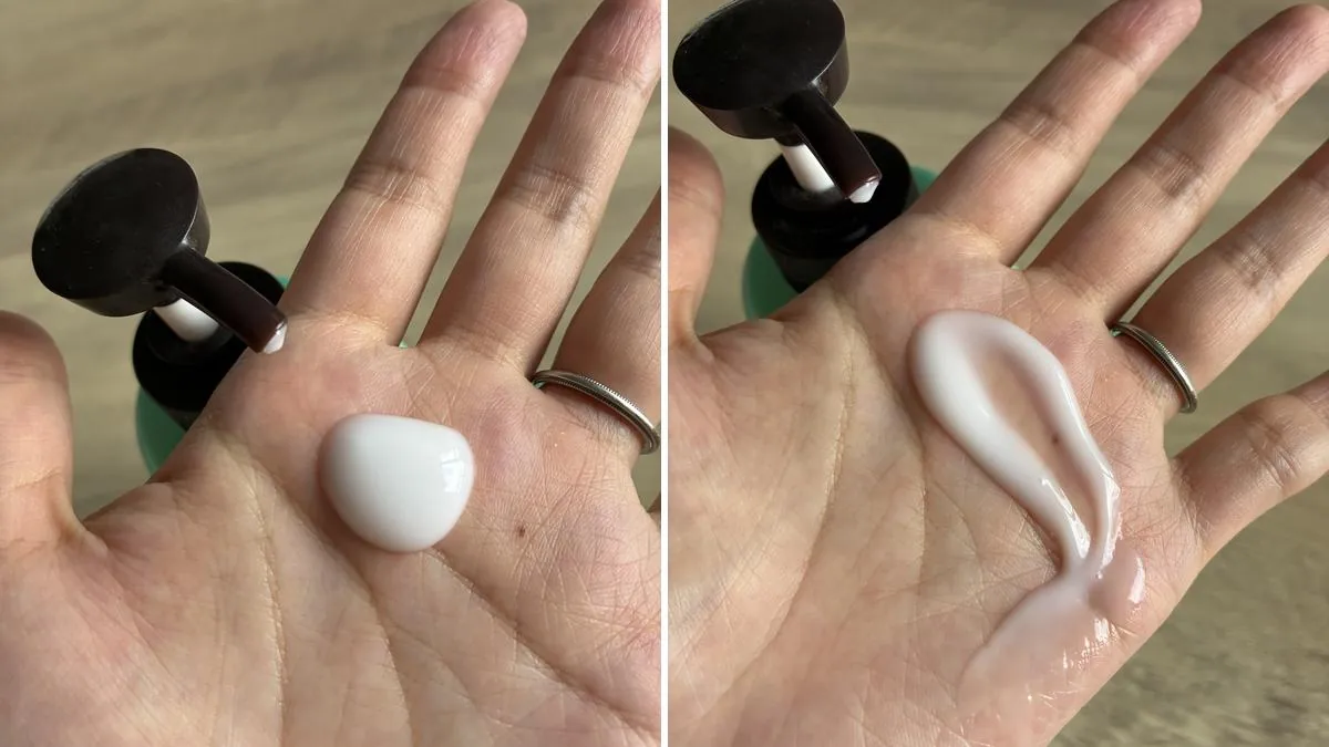 手のひらに出したケアセラ乳液と、のばしたところ