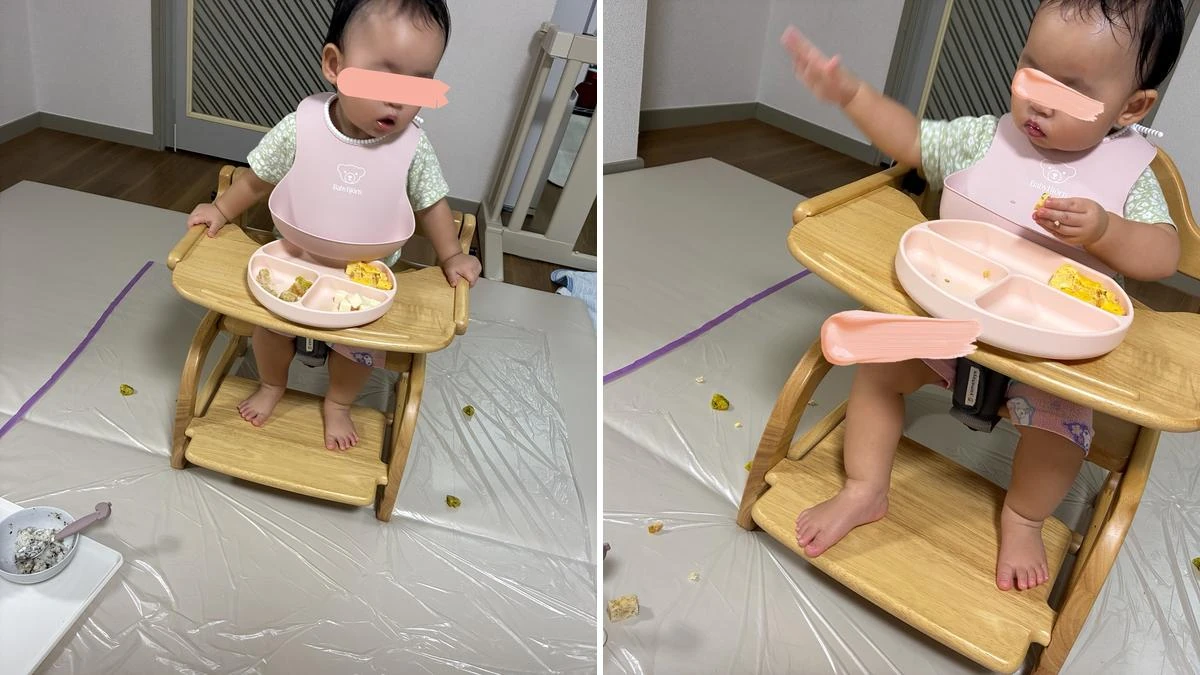 つかみ食べをしながら食べ物を投げる娘
