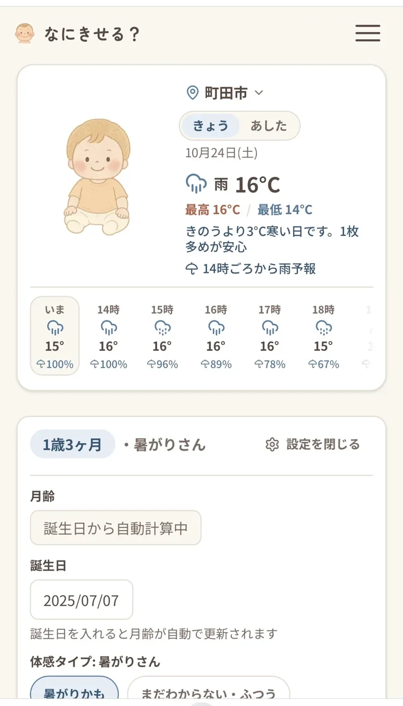 なにきせる?のトップ画面 町田市の天気と気温