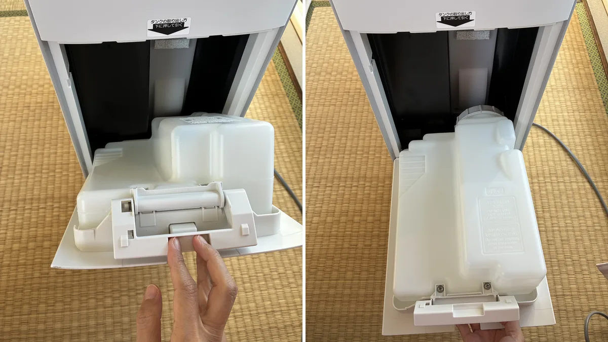 KI-TX75の給水タンクを手前に引き出すところ